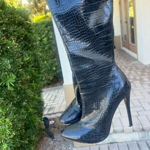 Thigh high croc leather heeled boots